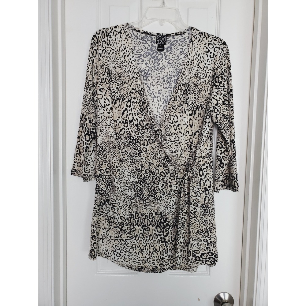 Clara Sunwoo Wrap Top Tan Black Leopard Print 3/4 Sleeve V-Neck Jersey Knit L